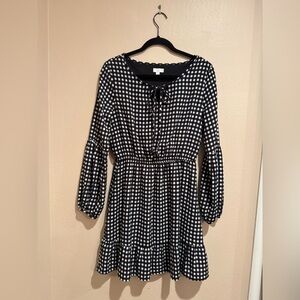 C Black and White Gingham Patterned Dress with Elastic Waist, Tie Neck